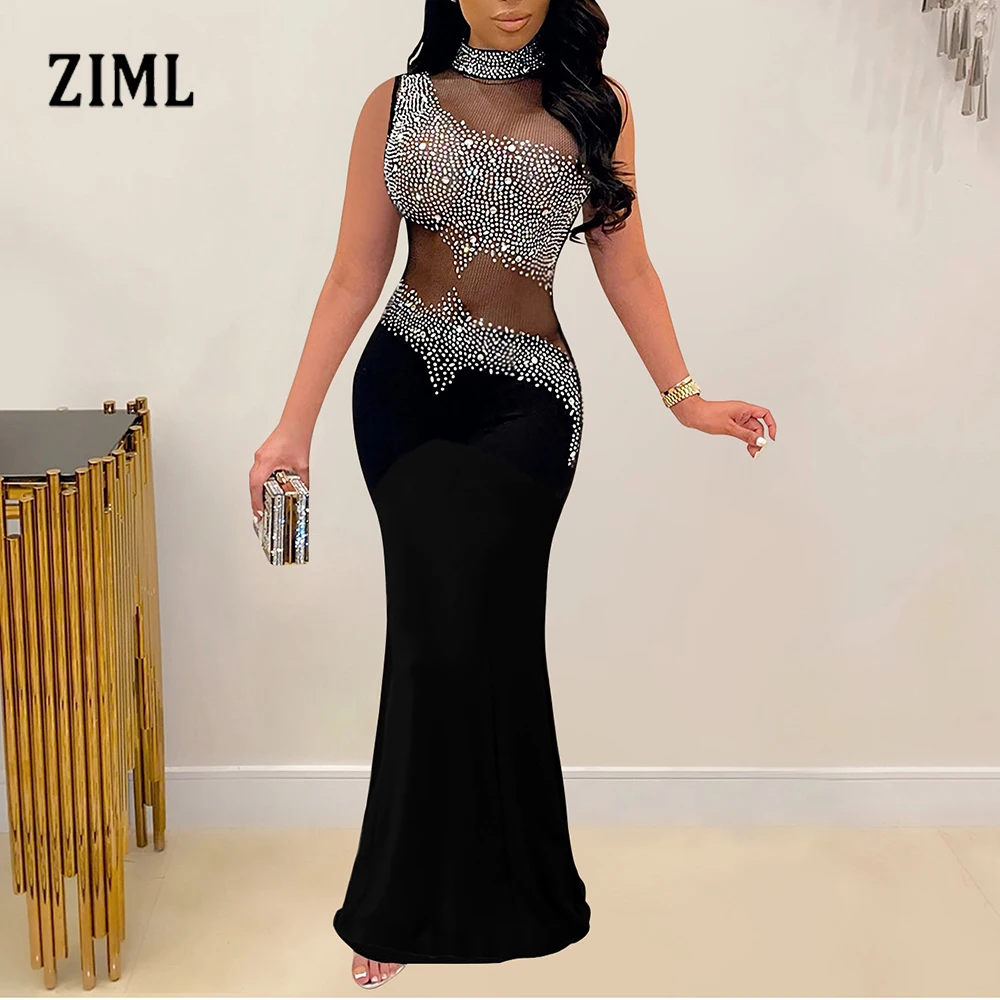 ZIML Sheer Solid Spliced Diamonds Slimming Dresses for Women Stand Collar Long Sleeve High Waist Temperament Dress Female New
ZIML Sheer Solid Spliced Diamonds Slimming Dresses for Women Stand Collar Long Sleeve High Waist Temperament Dress Female New