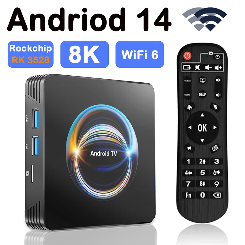 Android14.0 Smart TV Box Rackchiip RK 3528 Quad Core 2.4G/5G Dual Wifi BT5.3 8K Video 4K 64G Media player Set Top Box Android
Android14.0 Smart TV Box Rackchiip RK 3528 Quad Core 2.4G/5G Dual Wifi BT5.3 8K Video 4K 64G Media player Set Top Box Android