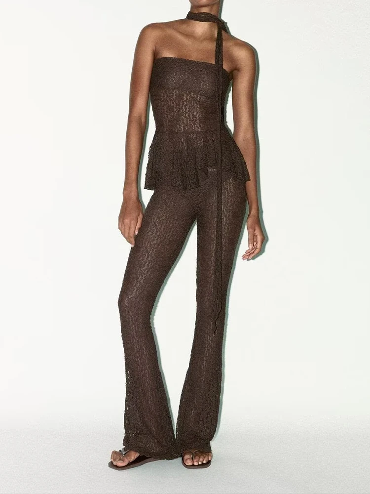 European and American style summer new women's clothing transparent slim scarf decorated with lace top flared pants suit
European and American style summer new women's clothing transparent slim scarf decorated with lace top flared pants suit