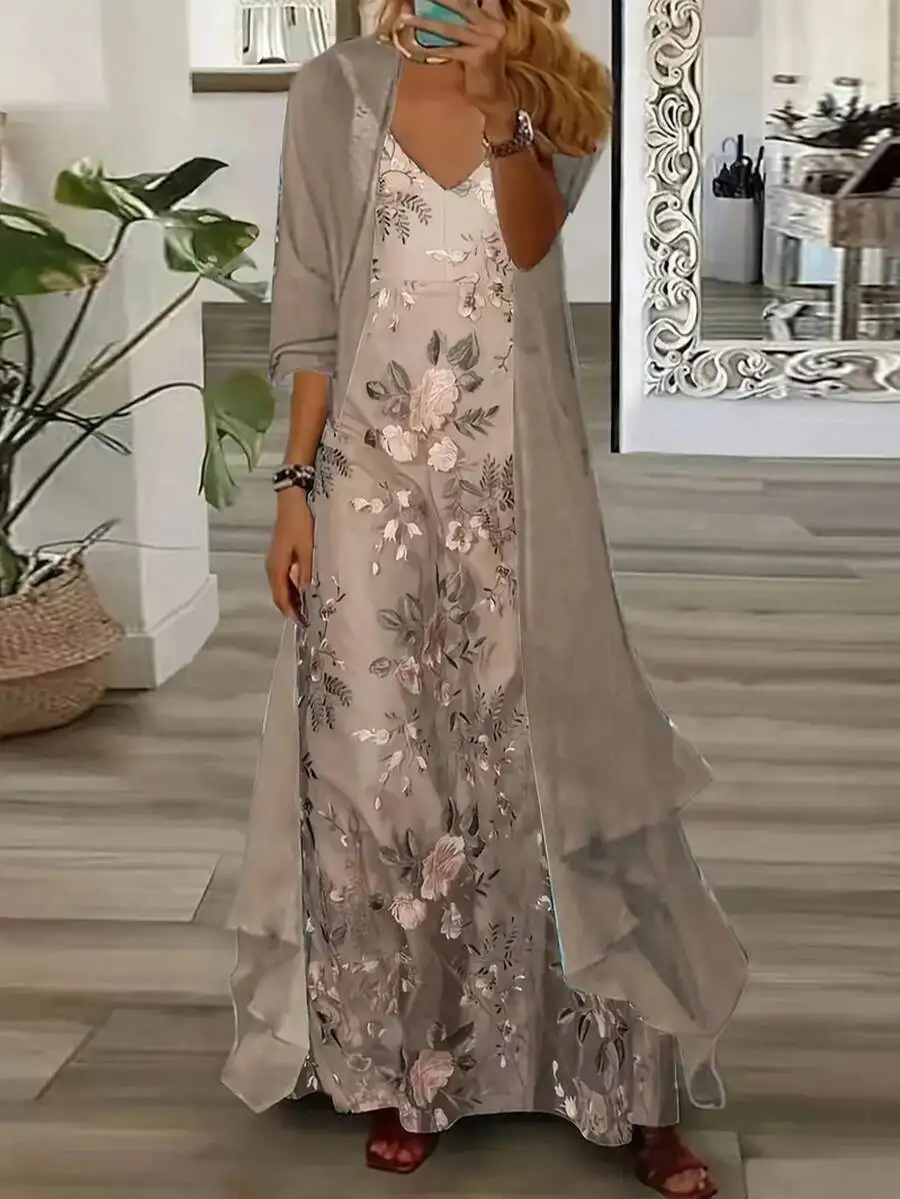 Elegant Floral Embroidered Sleeveless V-Neck Maxi Dress with Sheer 3/4 Sleeve Cardigan Two-Piece Set
Elegant Floral Embroidered Sleeveless V-Neck Maxi Dress with Sheer 3/4 Sleeve Cardigan Two-Piece Set