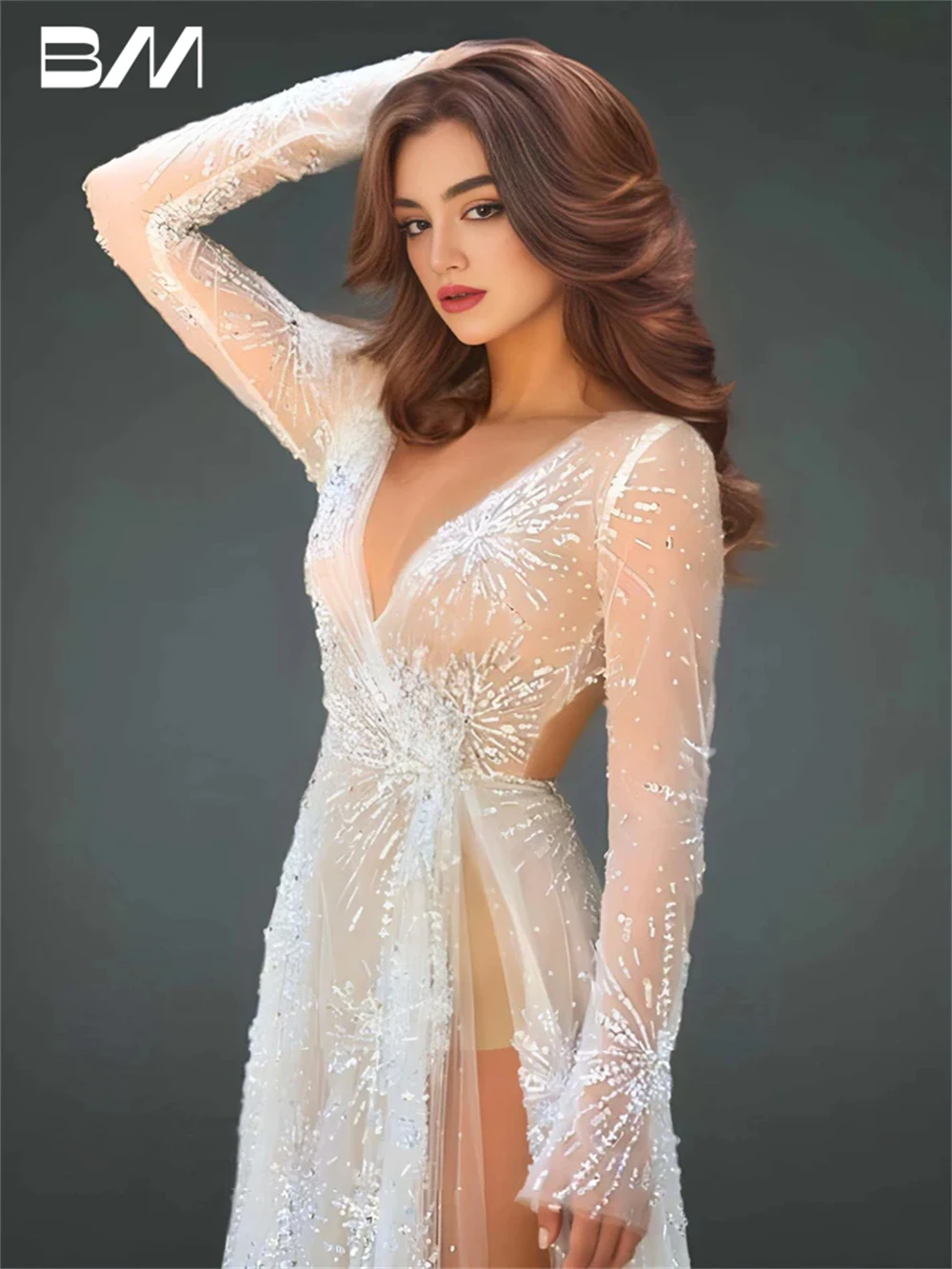 Illusion Appliques Long Sleeve Prom Dress Sexy Side Slit Deep V-neck Sequins Evening Dress Sparkly Vestidos De Novia
Illusion Appliques Long Sleeve Prom Dress Sexy Side Slit Deep V-neck Sequins Evening Dress Sparkly Vestidos De Novia