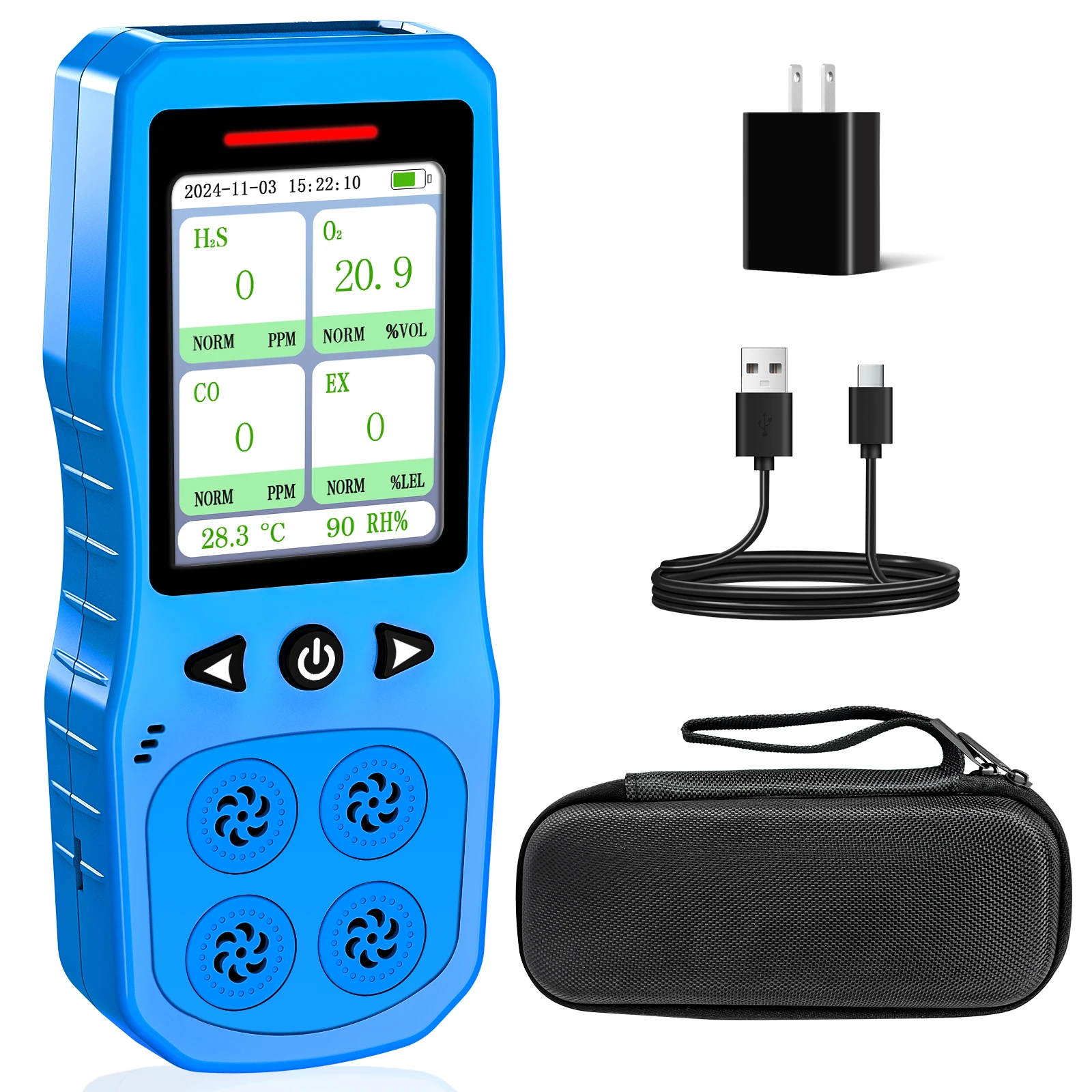 4 Gas Monitor for O2, CO, H2S, Combustible Gas Tester, Rechargeable 4 Gas Leak Detector with Sound,Light & Vibration Alarm
4 Gas Monitor for O2, CO, H2S, Combustible Gas Tester, Rechargeable 4 Gas Leak Detector with Sound,Light & Vibration Alarm