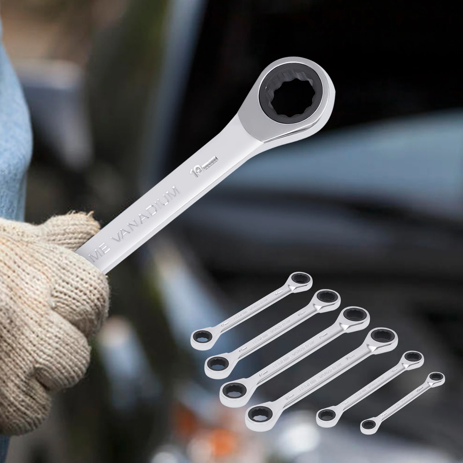 6-Piece 45# Steel Ratchet Wrench Set, 72-Tooth 12-Point Box End (8-19mm) for Automotive & Mechanical Repair, Chrome Plated
6-Piece 45# Steel Ratchet Wrench Set, 72-Tooth 12-Point Box End (8-19mm) for Automotive & Mechanical Repair, Chrome Plated