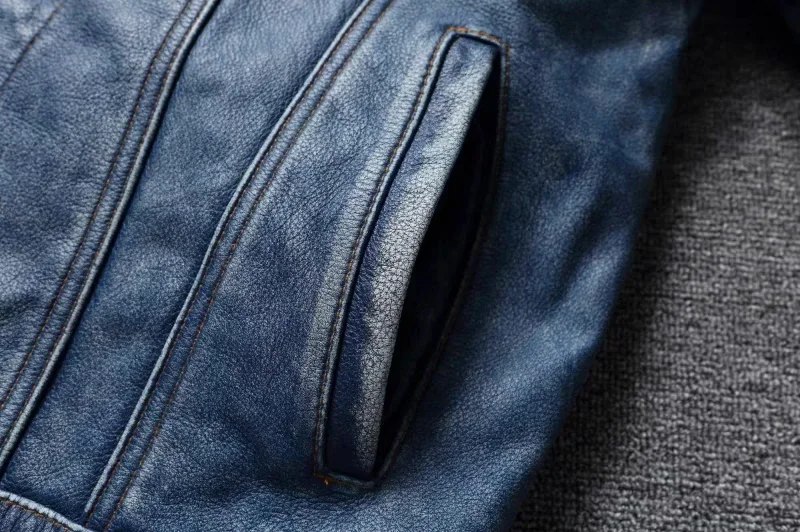 Men's Motorcycle Leather Jacket Light Blue Ami Khaki Retro Graphite Distressed Denim Genuine Leather Jacket Slim Short Jacket 124 S823d290207f64c1ebfdb73bed6230dadW