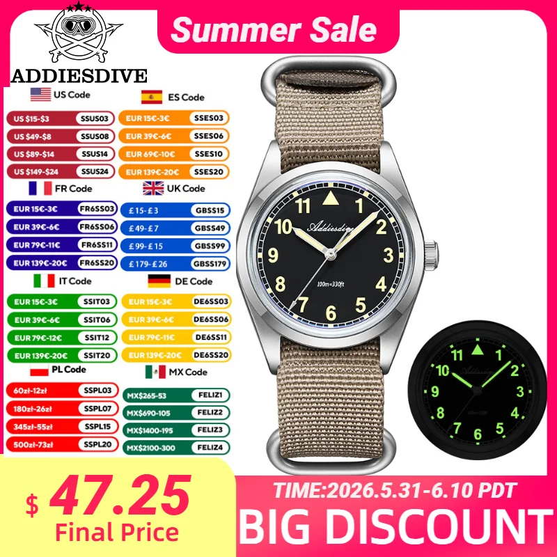 ADDIESDIVE Quartz Watches VH31 Bubble Mirror Glass 36mm Retro Pilot Watch 100m Waterproof Luminous Sports Men's Watches AD2079
ADDIESDIVE Quartz Watches VH31 Bubble Mirror Glass 36mm Retro Pilot Watch 100m Waterproof Luminous Sports Men's Watches AD2079