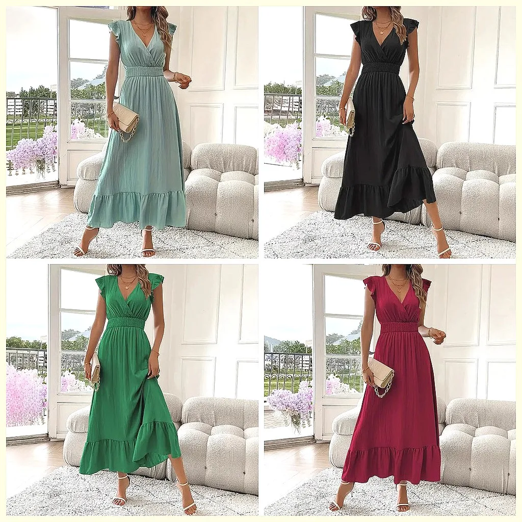 Elegant V-Neck Summer Dress for Women, Ruffled Waist Maxi Gown, Office & Casual Short Sleeve Dress
Elegant V-Neck Summer Dress for Women, Ruffled Waist Maxi Gown, Office & Casual Short Sleeve Dress