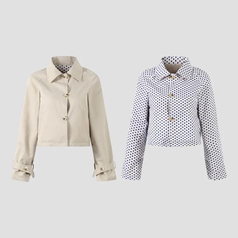 Women 2 Styles Cropped Jacket Solid Khaki White Black Polka Dot Lapel Collar Single Breasted Cuff Strap Vintage Casual Outerwear
Women 2 Styles Cropped Jacket Solid Khaki White Black Polka Dot Lapel Collar Single Breasted Cuff Strap Vintage Casual Outerwear