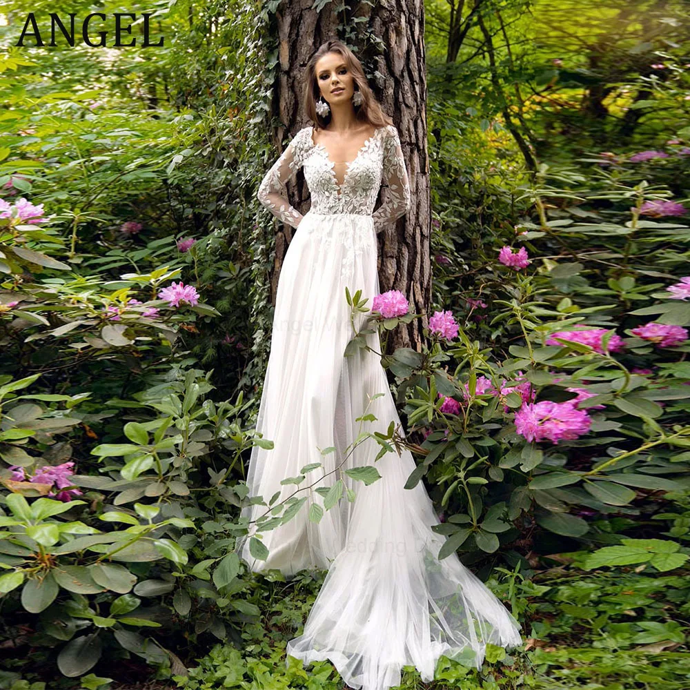 Кружевные свадебные платья с длинными рукавами ANGEL, сексуальные свадебные платья а-силуэта с V-образным вырезом, романтичные фатиновые платья с открытой спиной и аппликацией по индивидуальному заказу в стиле бохо
Кружевные свадебные платья с длинными рукавами ANGEL, сексуальные свадебные платья а-силуэта с V-образным вырезом, романтичные фатиновые платья с открытой спиной и аппликацией по индивидуальному заказу в стиле бохо