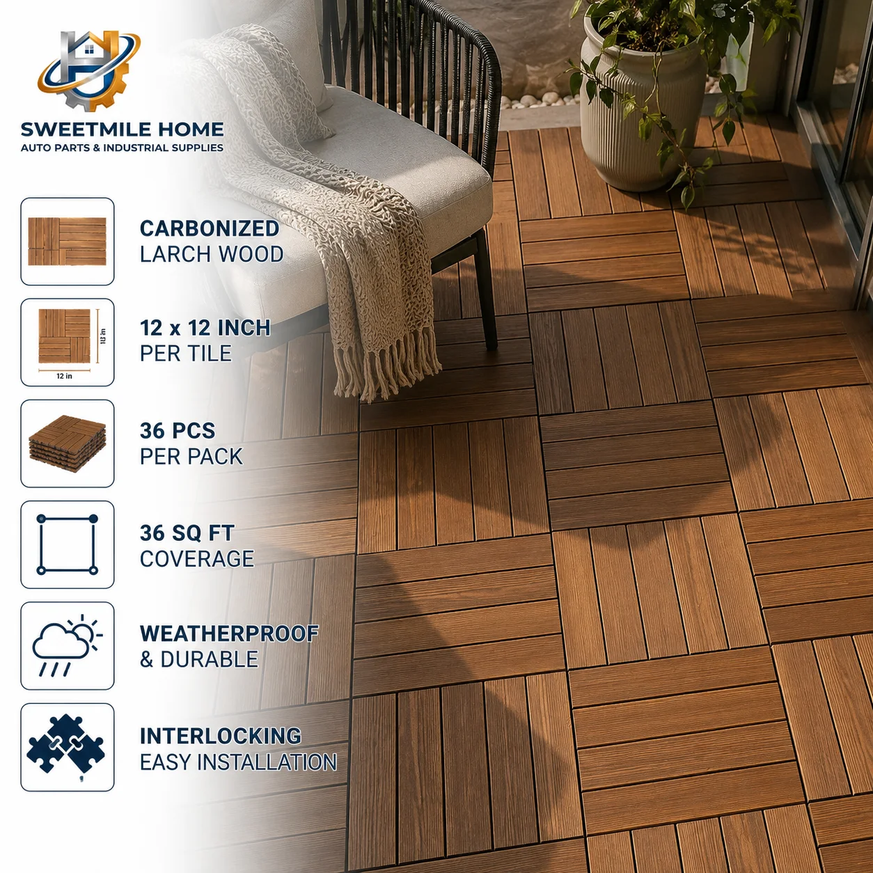 36Pcs 12x12 Inch Patio Deck Tiles Carbonized Larch Wood Interlocking Flooring Tiles 36 Sq Ft Weatherproof Brown
36Pcs 12x12 Inch Patio Deck Tiles Carbonized Larch Wood Interlocking Flooring Tiles 36 Sq Ft Weatherproof Brown