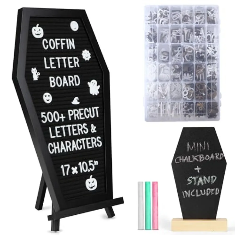 3 in 1 Coffin Letter Board with Precut Presorted 500 Letters and Emojis + Mini Coffin Board Gothic Halloween Decor - Spooky 17x
3 in 1 Coffin Letter Board with Precut Presorted 500 Letters and Emojis + Mini Coffin Board Gothic Halloween Decor - Spooky 17x