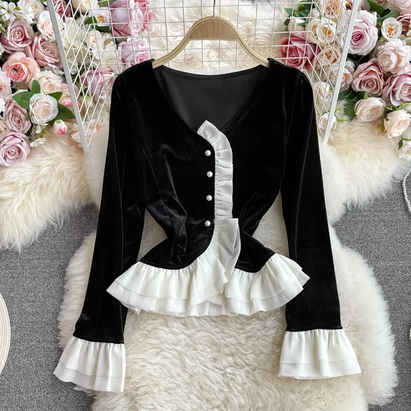 Fall Spring Winter Women Ruffled Patchwork Flare Full Sleeve Black Velvet Top Shirt , Woman Clothes Slim Velour Shirts Blouse
Fall Spring Winter Women Ruffled Patchwork Flare Full Sleeve Black Velvet Top Shirt , Woman Clothes Slim Velour Shirts Blouse