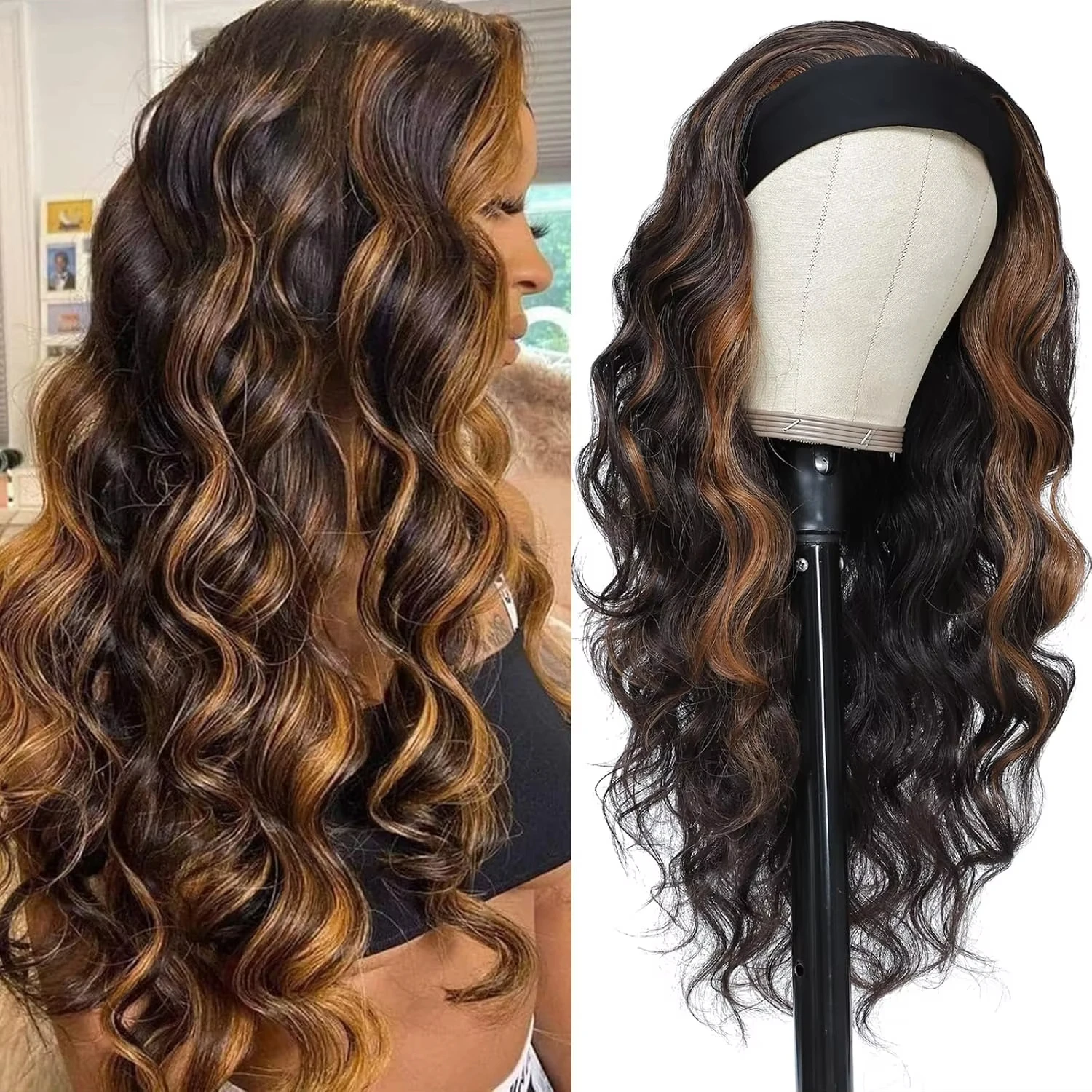 Long Synthetic Wavy Headband Wig for Women Brown Wigs with Brown Blonde Highlight 200% Denisty Headband Wigs Glueless Wig Daily
Long Synthetic Wavy Headband Wig for Women Brown Wigs with Brown Blonde Highlight 200% Denisty Headband Wigs Glueless Wig Daily