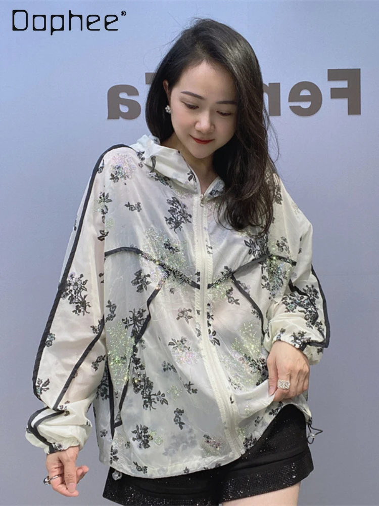 Fashion Printed Rhinestones Sun Protection Clothing for Women 2024 Summer New Loose Zip Thin Long Sleeve Hooded Jacket Female
Fashion Printed Rhinestones Sun Protection Clothing for Women 2024 Summer New Loose Zip Thin Long Sleeve Hooded Jacket Female