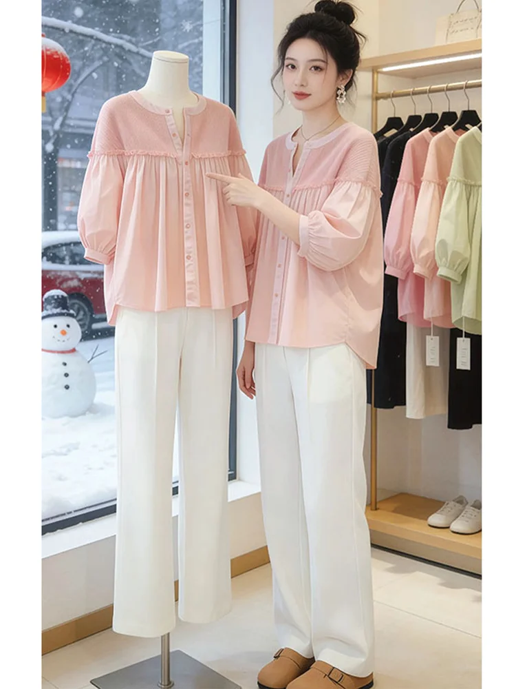 Pink Lantern Sleeve Short Sleeve Knitted Shirt Unique Beautiful Casual Style Loose Fit round Neck Daily Wear Female Shirt
Pink Lantern Sleeve Short Sleeve Knitted Shirt Unique Beautiful Casual Style Loose Fit round Neck Daily Wear Female Shirt