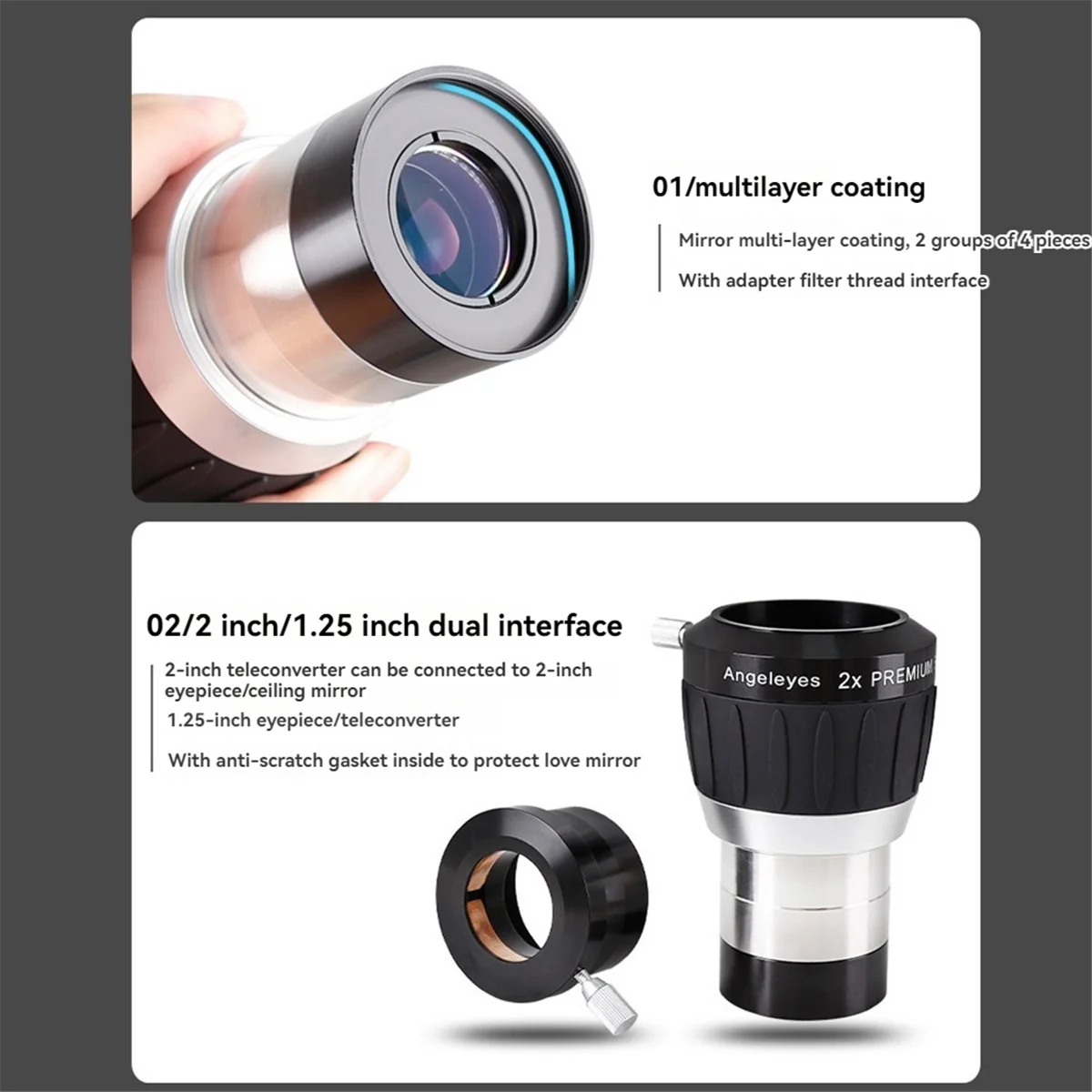 Angeleyes Astronomical Telescope Accessories 2 Inch 2X Barlow Lens Four Element Apochromatic Lens-AA85
Angeleyes Astronomical Telescope Accessories 2 Inch 2X Barlow Lens Four Element Apochromatic Lens-AA85