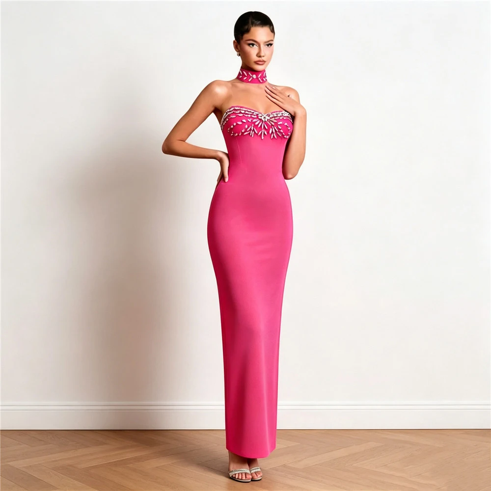 Women Summer New Arrival Strapless Bandage Dress With Necklace Evening Party Elegant Rhinestone Dresse
Women Summer New Arrival Strapless Bandage Dress With Necklace Evening Party Elegant Rhinestone Dresse