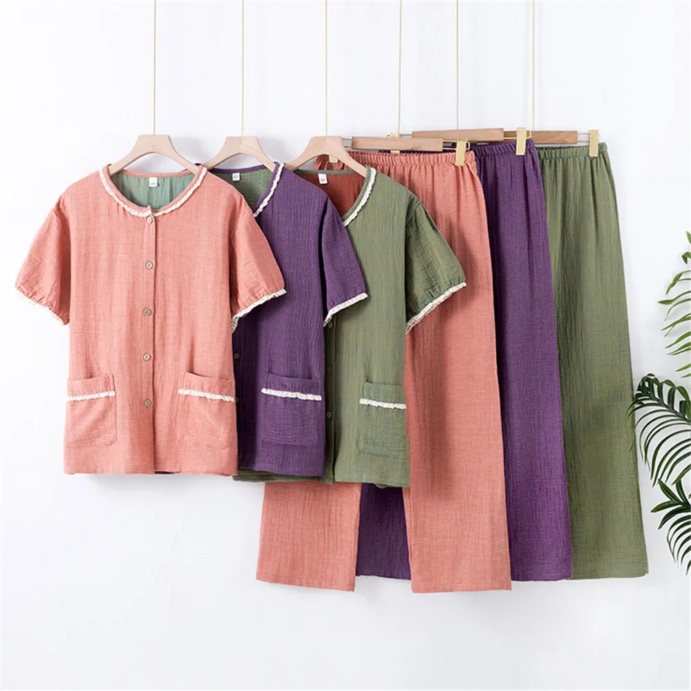 Cotton Pajamas Clothes for Women Home Wear Casual O-Neck Short Sleeved Shirt Trousers Home Wear Pajamas Set
Cotton Pajamas Clothes for Women Home Wear Casual O-Neck Short Sleeved Shirt Trousers Home Wear Pajamas Set
