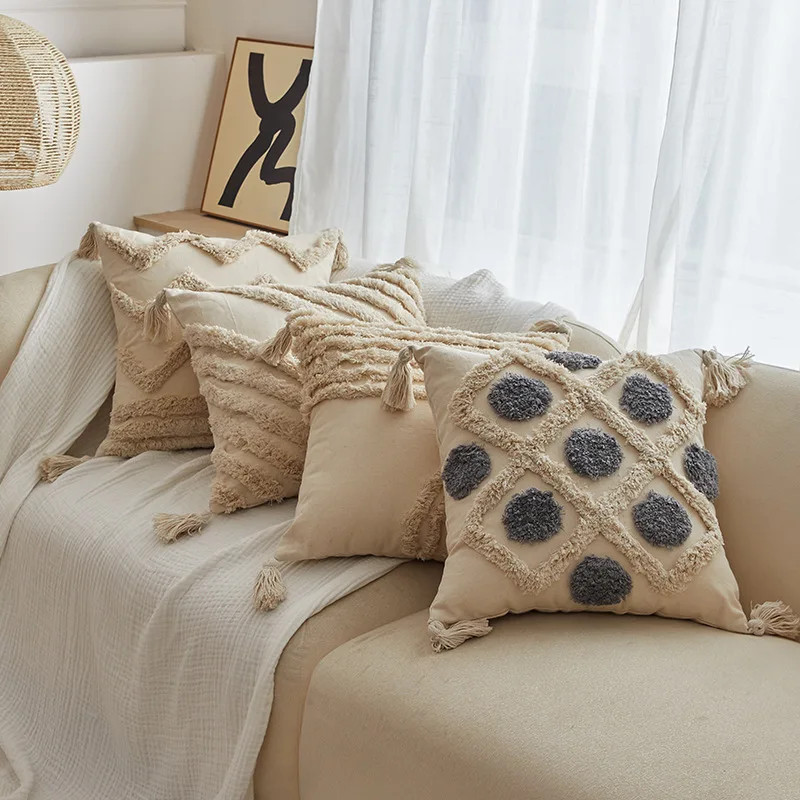 

New Tufted Fringed Bohemian Throw Pillow Cushion Cover 45X45 Cojines Decorativos Para Sofa Living Room Plush Square Pillowcases