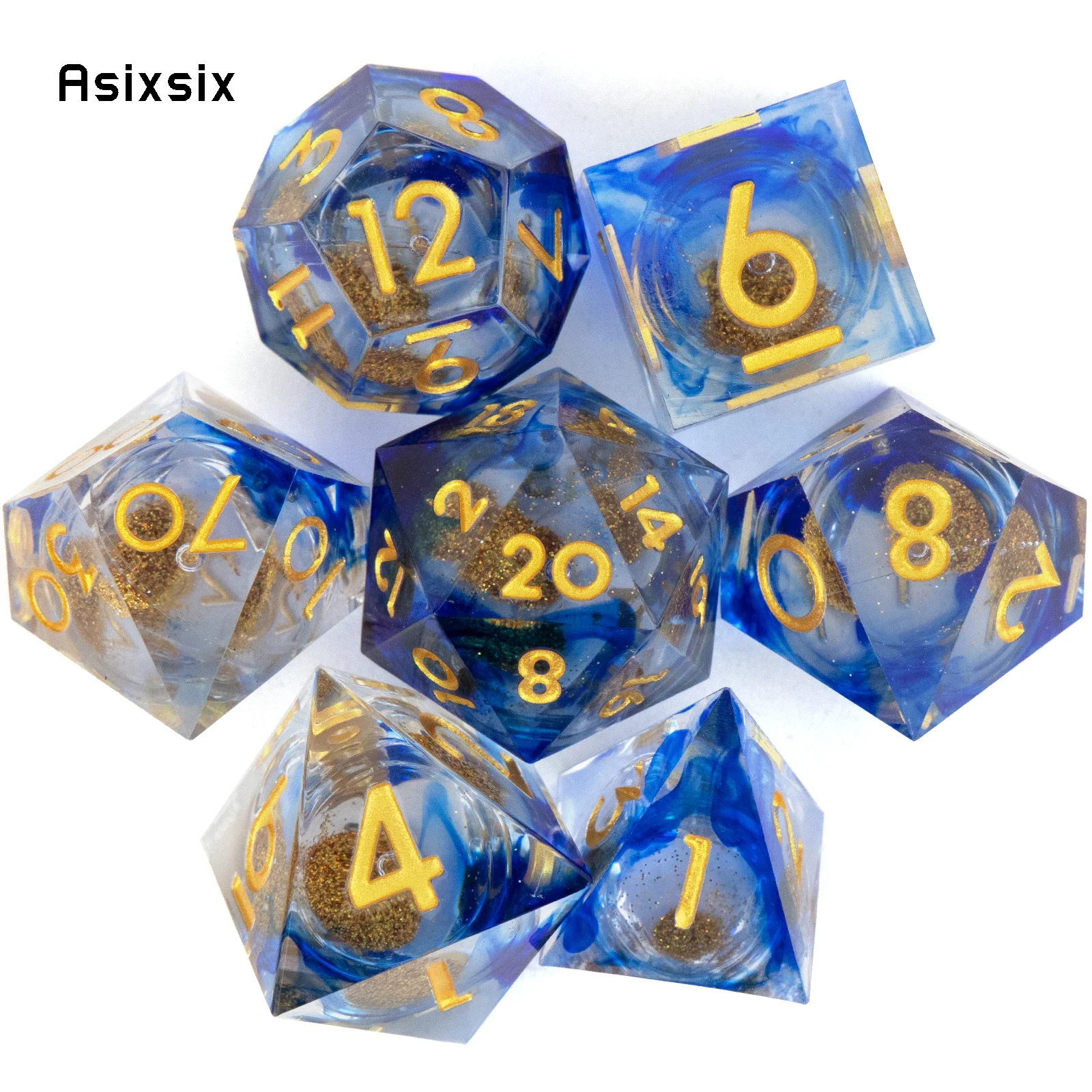 7 Pcs Blue Flowing Sand Golden Number Sharp Edge Resin Dice Polyhedral Dice Suitable for Role-Playing RPG Board Game
7 Pcs Blue Flowing Sand Golden Number Sharp Edge Resin Dice Polyhedral Dice Suitable for Role-Playing RPG Board Game
