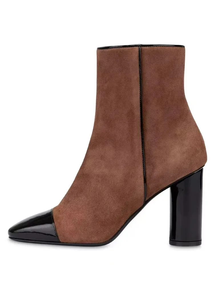 Autumn Winter Women's Brown Suede Ankle Boots Black Patent Leather Toe Cap Side Zipper Square Toe Block High Heel Short Boots 
Autumn Winter Women's Brown Suede Ankle Boots Black Patent Leather Toe Cap Side Zipper Square Toe Block High Heel Short Boots