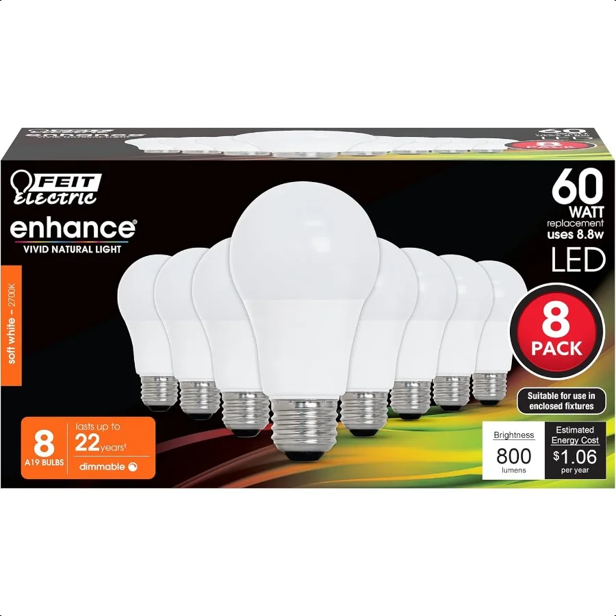 A19 LED Light Bulbs 60W Equivalent Dimmable E26 Standard Base 90 CRI 800 Lumens 2700K Soft White 120V 22 Years Lifetime Damp Ra
A19 LED Light Bulbs 60W Equivalent Dimmable E26 Standard Base 90 CRI 800 Lumens 2700K Soft White 120V 22 Years Lifetime Damp Ra