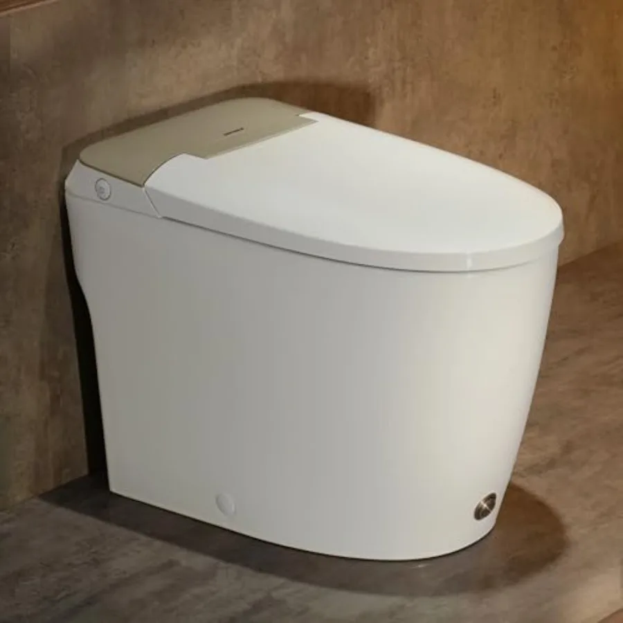 Bathroom elongated one-piece toilet with brushed gold finish, modern design, 1.0GPF button foot kick flush, air pressure assist
Bathroom elongated one-piece toilet with brushed gold finish, modern design, 1.0GPF button foot kick flush, air pressure assist