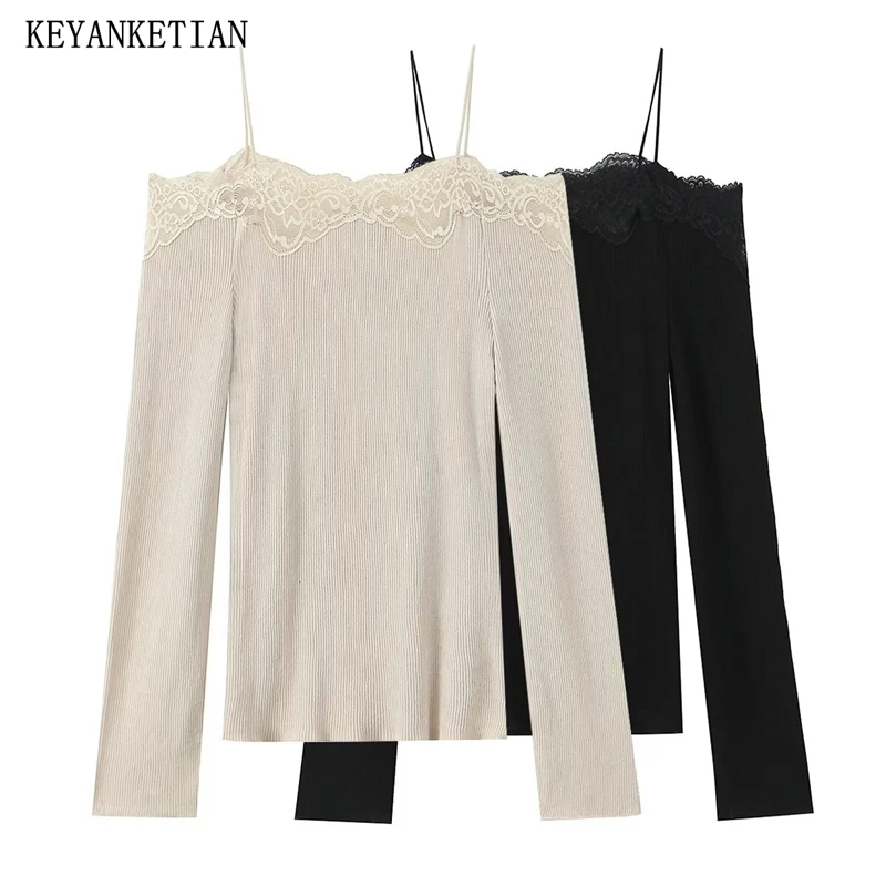 KEYANKETIAN 2026 Spring New Women's Lace Decoration Slash neck Knitted Top T Shirt Slim Long Sleeve Sexy Stylish Pullover Tees
KEYANKETIAN 2026 Spring New Women's Lace Decoration Slash neck Knitted Top T Shirt Slim Long Sleeve Sexy Stylish Pullover Tees