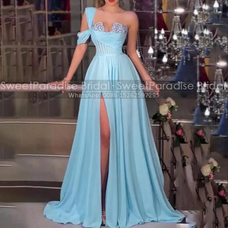 Side Split A Line Evening Dress Beaded Sequins One Shoulder Long Customized Blue Chiffon Prom Dresses Party For Women
Side Split A Line Evening Dress Beaded Sequins One Shoulder Long Customized Blue Chiffon Prom Dresses Party For Women
