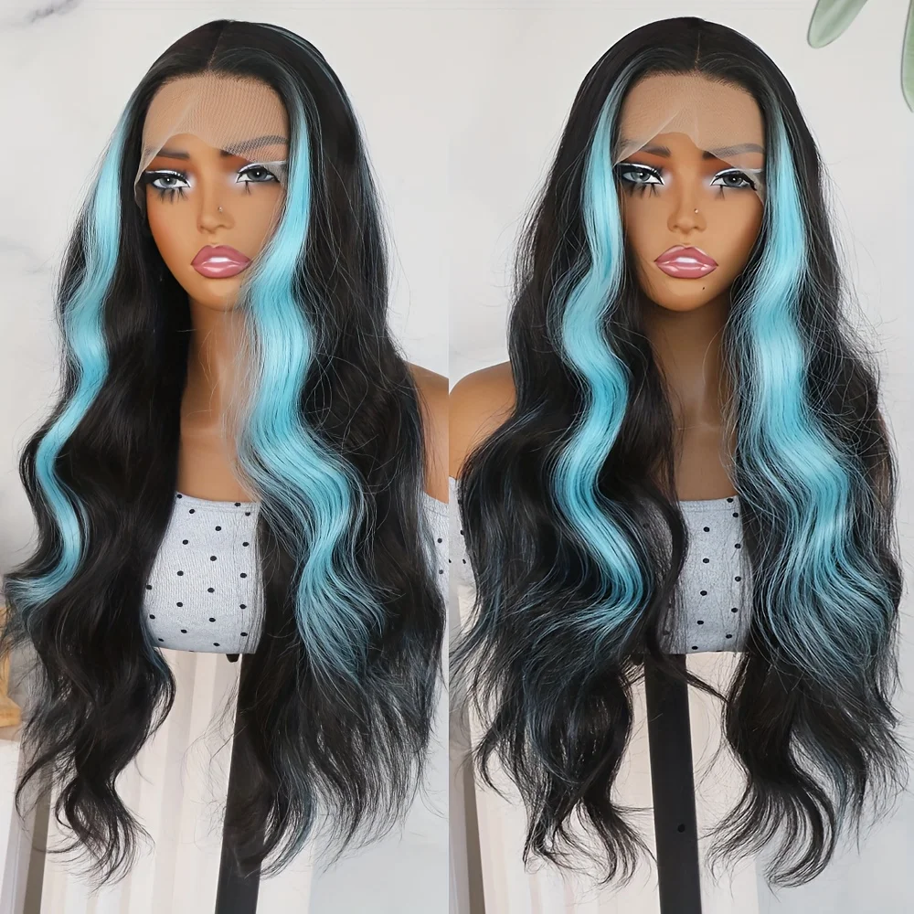 Long Wavy Hair Ombre Light Blue Black Mixed Color Synthetic Lace Front Wigs Body Wave 13x4 HD Lace Skunk Stripe Wig Pre Plucked
Long Wavy Hair Ombre Light Blue Black Mixed Color Synthetic Lace Front Wigs Body Wave 13x4 HD Lace Skunk Stripe Wig Pre Plucked