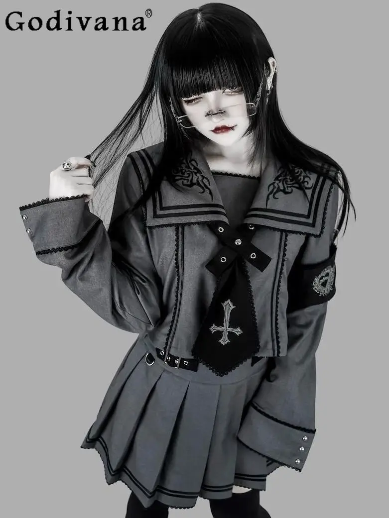 Japanese Harajuku Aesthetics Y2K Clothes Subculture Gothic Cool Girl's Navy Collar Long Sleeve Top Skirt 2-Piece Set Sailor Suit
Japanese Harajuku Aesthetics Y2K Clothes Subculture Gothic Cool Girl's Navy Collar Long Sleeve Top Skirt 2-Piece Set Sailor Suit