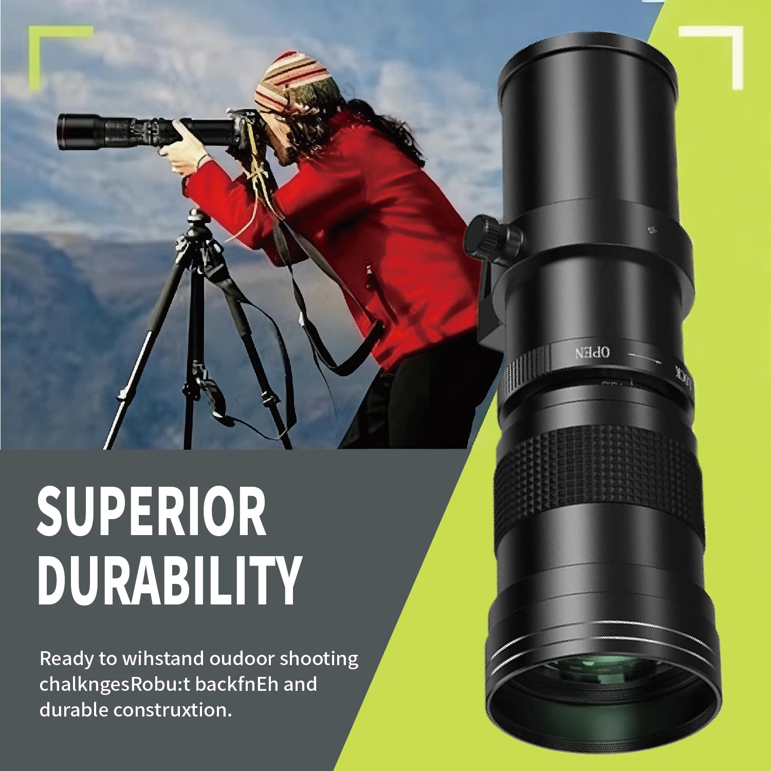 420-800mm F8.3-F16 Manual Zoom Super Telephoto Lens with T Mount Ring for Canon EF/ Nikon F /Sony E-mount Camera Lenses
420-800mm F8.3-F16 Manual Zoom Super Telephoto Lens with T Mount Ring for Canon EF/ Nikon F /Sony E-mount Camera Lenses