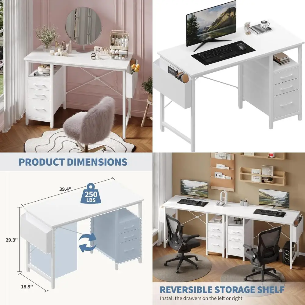 Space-Saving 39 Home Office Desk with Fabric Drawers and Side Shelf, White
Space-Saving 39 Home Office Desk with Fabric Drawers and Side Shelf, White