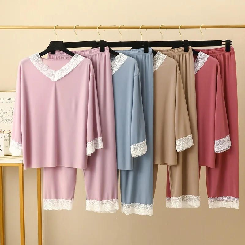 Sweet Lace Patchwork Ice Silk Home Clothing Spring/summer Thin Casual Simple Long Sleeved Pants Women's Pajamas V-Neck Sleepwear
Sweet Lace Patchwork Ice Silk Home Clothing Spring/summer Thin Casual Simple Long Sleeved Pants Women's Pajamas V-Neck Sleepwear