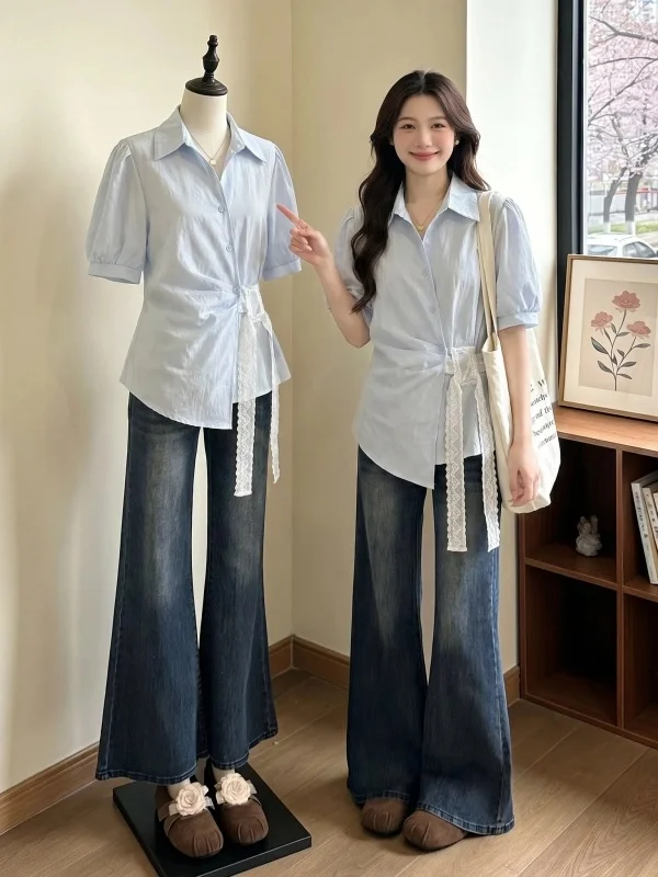 Light Blue V-Neck Short Sleeve Lace Tie Waist Shirt Women's plus Size Summer New Style Korean Style Loose Fit Office Wear
Light Blue V-Neck Short Sleeve Lace Tie Waist Shirt Women's plus Size Summer New Style Korean Style Loose Fit Office Wear