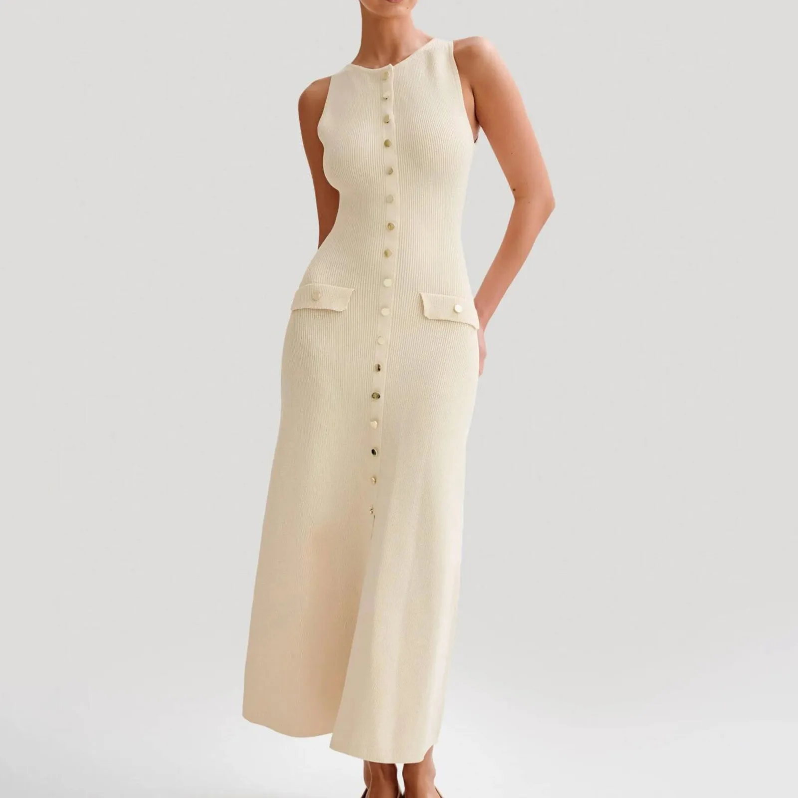 Elegant Women Single Breasted Fake Pockets Knitted Long Dress Fashion O Neck Sleeveless Slim Dresses 2024 New Lady Commute Robes
Elegant Women Single Breasted Fake Pockets Knitted Long Dress Fashion O Neck Sleeveless Slim Dresses 2024 New Lady Commute Robes
