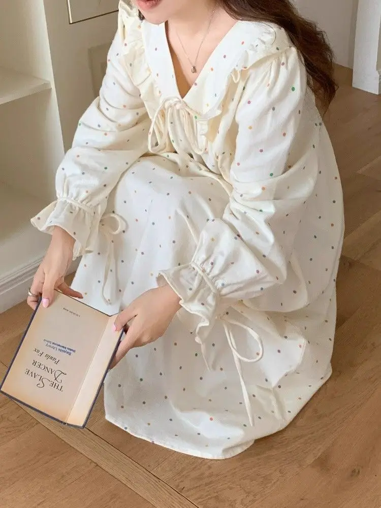 Spring Autumn New Princess Style Nightgown Women's Korean Style Ruffled Color Polka Dot Loose Home Clothes Pajamas Sleep Gifts
Spring Autumn New Princess Style Nightgown Women's Korean Style Ruffled Color Polka Dot Loose Home Clothes Pajamas Sleep Gifts