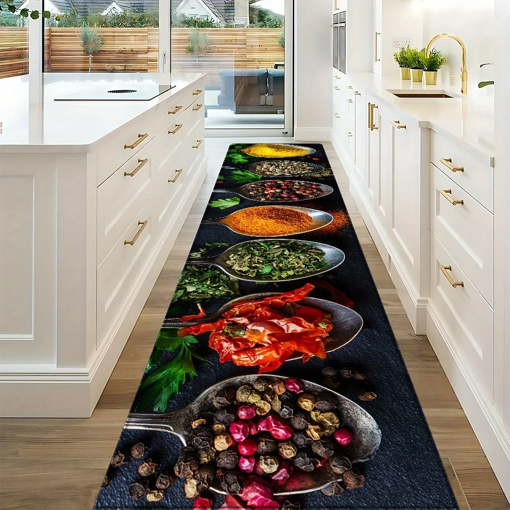 Colorful Spices and Herbs on Spoons Print Kitchen Mat, Non-Slip Washable Durable Runner Rug for Kitchen & Culinary Themed Home
Colorful Spices and Herbs on Spoons Print Kitchen Mat, Non-Slip Washable Durable Runner Rug for Kitchen & Culinary Themed Home