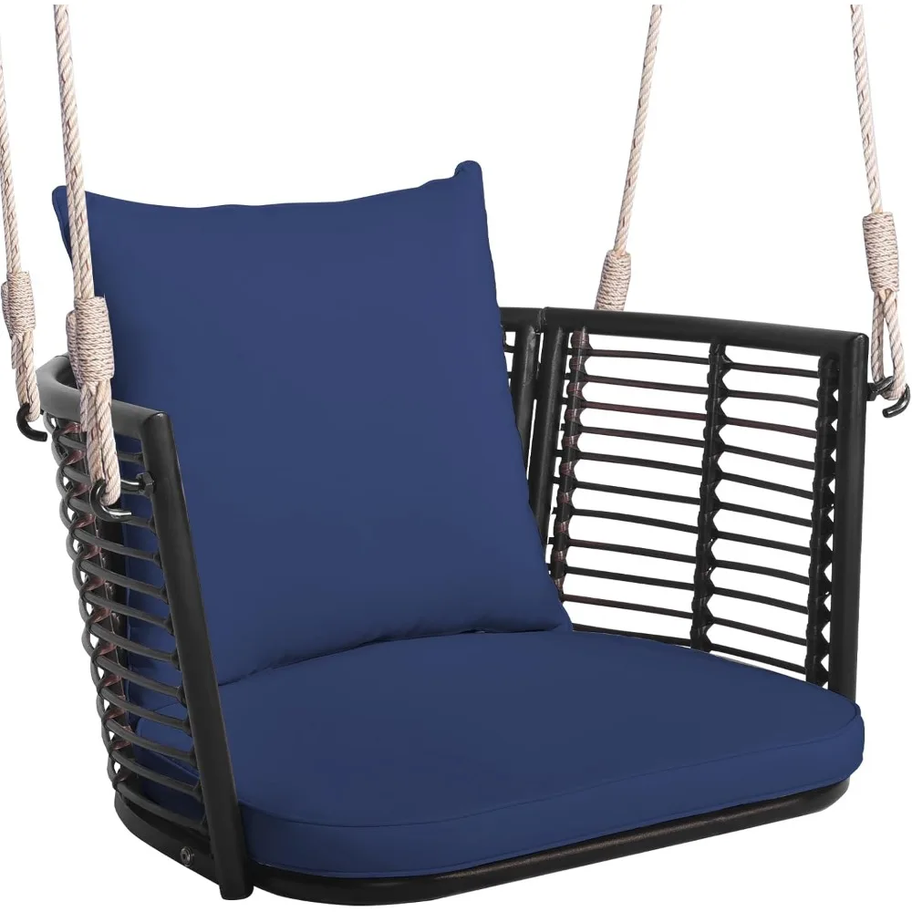 Outdoor Metal Porch Swing, Single Person Hanging Seat w/Woven Rattan Backrest, 2 Sturdy Hanging Ropes, Seat & Back Cushions.
Outdoor Metal Porch Swing, Single Person Hanging Seat w/Woven Rattan Backrest, 2 Sturdy Hanging Ropes, Seat & Back Cushions.