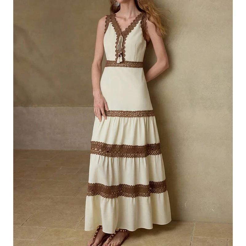 Elegant Women's Summer Bohemian Long Dress Sexy Lace Patchwork Casual Deep V-Neck Beach Sundress Solid Sleeveless Maxi Dresses
Elegant Women's Summer Bohemian Long Dress Sexy Lace Patchwork Casual Deep V-Neck Beach Sundress Solid Sleeveless Maxi Dresses
