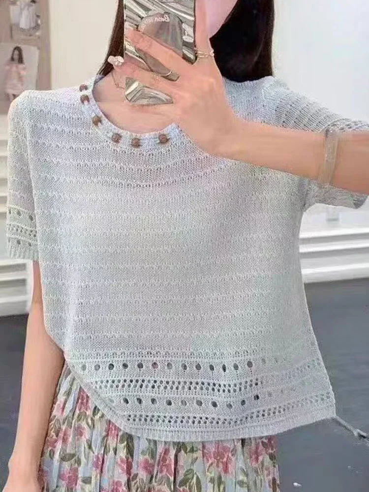 Lace Hollow out Beaded Knitwear Women's Summer Thin round Neck Ice Silk Short Sleeve Loose Versatile Top Soft Commute Style
Lace Hollow out Beaded Knitwear Women's Summer Thin round Neck Ice Silk Short Sleeve Loose Versatile Top Soft Commute Style