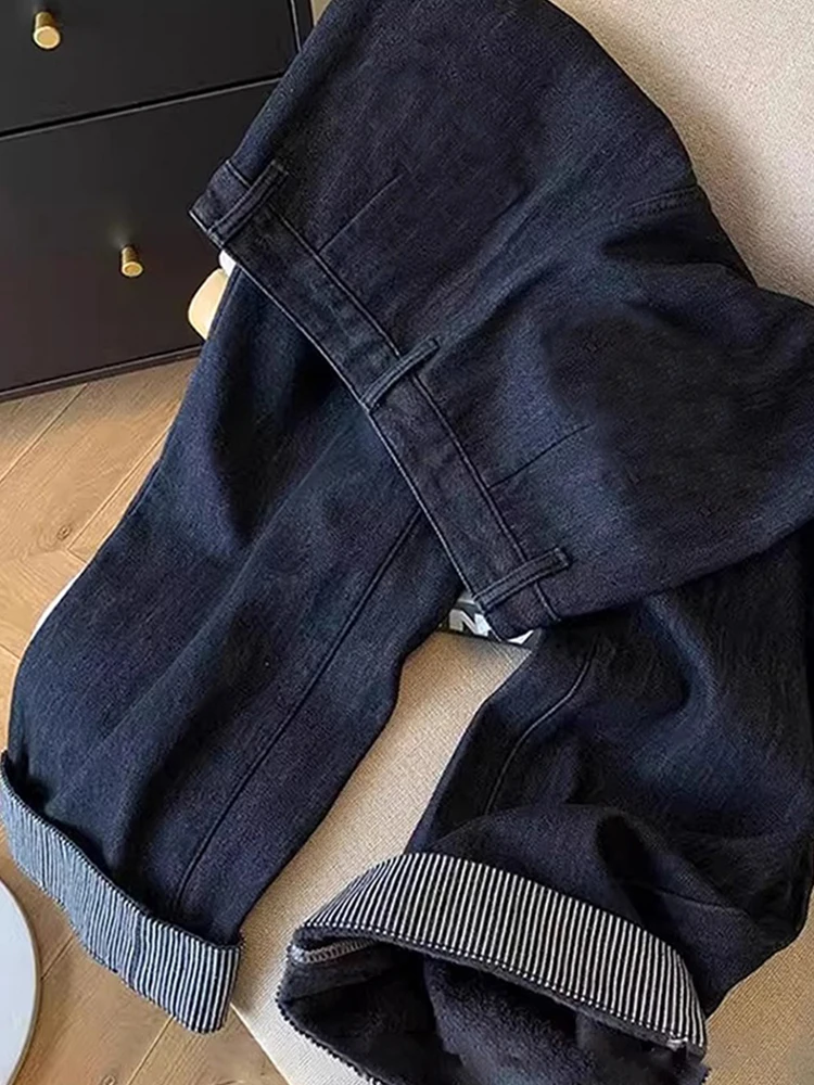 American Retro Wide Leg Denim Pants Women's Autumn Winter High Waist Slimming Loose Long Trousers with Cuffs Deep Blue Stripes
American Retro Wide Leg Denim Pants Women's Autumn Winter High Waist Slimming Loose Long Trousers with Cuffs Deep Blue Stripes