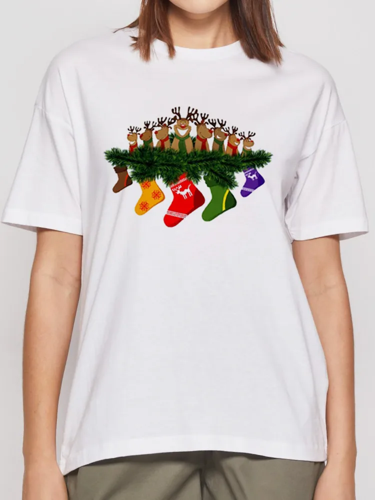 Women T-Shirt Cute Fashion Christmas Elk Socks Funny Graphic Tops Female Kawaii Printing Short Sleeves Casual Round Neck Tees
Women T-Shirt Cute Fashion Christmas Elk Socks Funny Graphic Tops Female Kawaii Printing Short Sleeves Casual Round Neck Tees