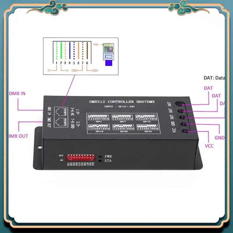 Новейший контроллер DMX512, подключение к консоли DMX512, поддержка WS2812, WS2813, US1903 и т. д. 13 каналов DMX на устройство
Новейший контроллер DMX512, подключение к консоли DMX512, поддержка WS2812, WS2813, US1903 и т. д. 13 каналов DMX на устройство
