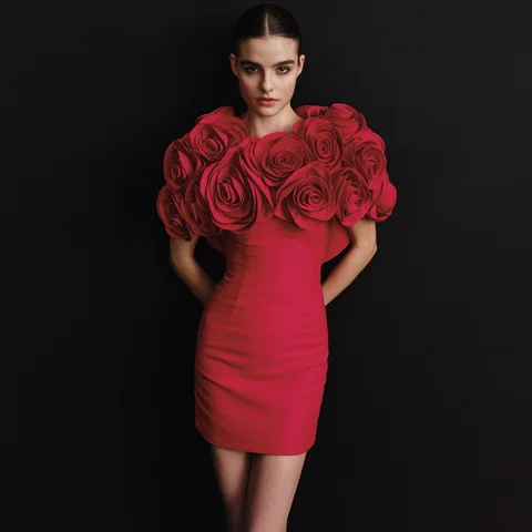 Red Rose Floral Short Dress Custom Made 2025 Mini Length Prom Party Dresses with 3D Flowers vestidos de fiesta Event Gala Dress