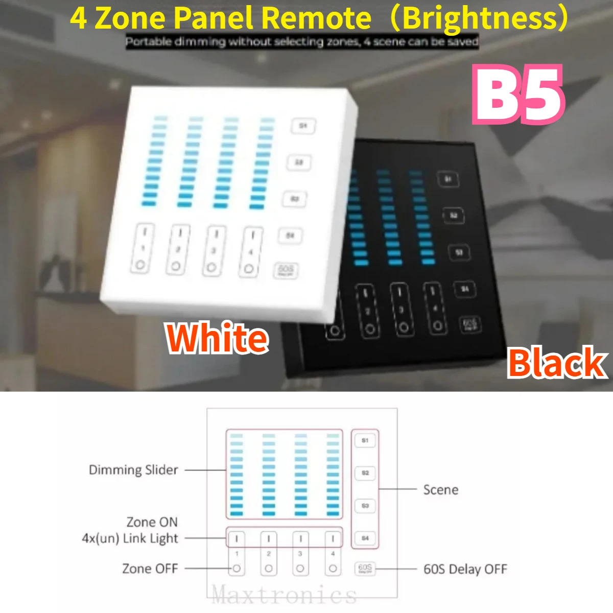 MiBoxer 2.4G B5 4-Zone Touch Panel Remote RF Wireless Brightness Dimming Controller for Single Color LED Bulb LED Strip Lamp
MiBoxer 2.4G B5 4-Zone Touch Panel Remote RF Wireless Brightness Dimming Controller for Single Color LED Bulb LED Strip Lamp