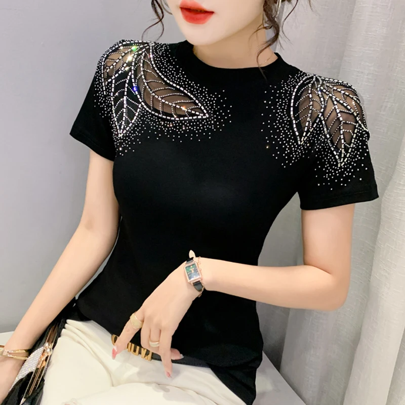 Summer Women Tops New Patchwork Short Sleeve Tees Round Neck Hollow out Hot Diamond T shirt
Summer Women Tops New Patchwork Short Sleeve Tees Round Neck Hollow out Hot Diamond T shirt