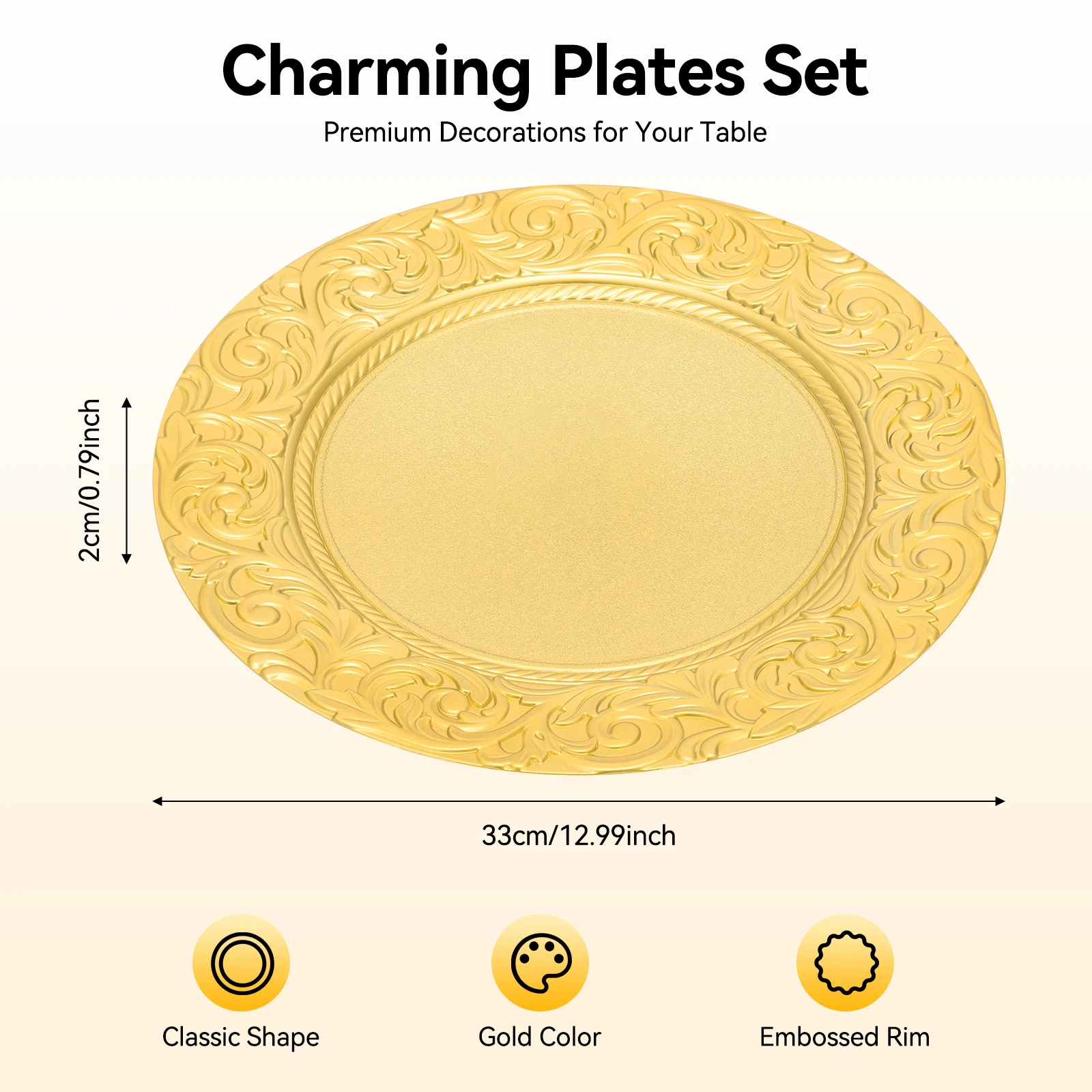 100Pcs Reusable Gold Serving Plates PP Material Spray Paint Finish Round Embossed Rim 33cm Diameter Smooth Safe Edge Sunken Anti-slip Bottom Stackable Lightweight Easy Clean Durable Dinner Plates for Home Party Hotel Restaurant Banquet Table Decor
100Pcs Reusable Gold Serving Plates PP Material Spray Paint Finish Round Embossed Rim 33cm Diameter Smooth Safe Edge Sunken Anti-slip Bottom Stackable Lightweight Easy Clean Durable Dinner Plates for Home Party Hotel Restaurant Banquet Table Decor