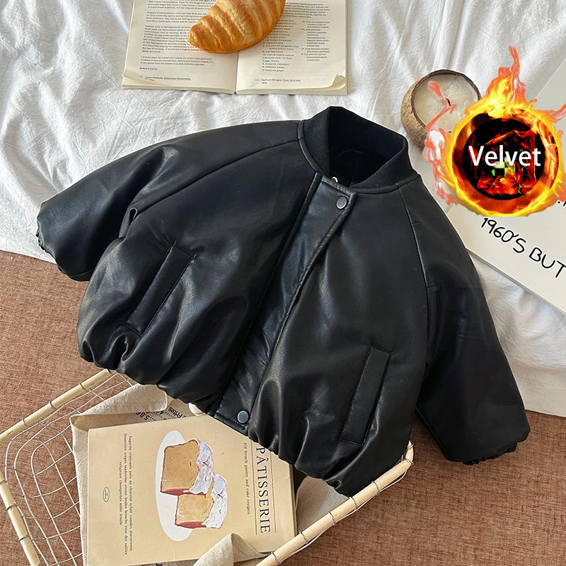 Winter Children's Velvet Black Leather Jacket Round Neck Loose Short Warm Cotton Clothes for Boys Girls Windproof Snowsuit
Winter Children's Velvet Black Leather Jacket Round Neck Loose Short Warm Cotton Clothes for Boys Girls Windproof Snowsuit