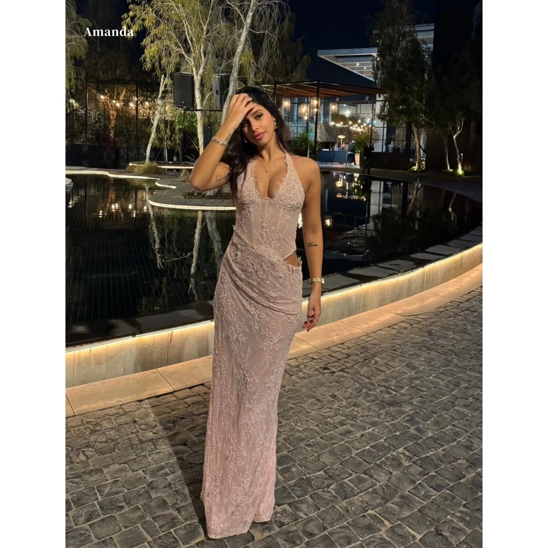 Amanda Customized Blush Pink Halter Prom Dress with Lace Corset Bodice and Waist Cutout Detail vestidos de noche Formal Evening
Amanda Customized Blush Pink Halter Prom Dress with Lace Corset Bodice and Waist Cutout Detail vestidos de noche Formal Evening
