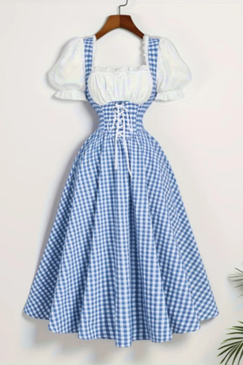 Ladies' Fashion Blue and White Grid Splicing Strap Waist Dress
Ladies' Fashion Blue and White Grid Splicing Strap Waist Dress